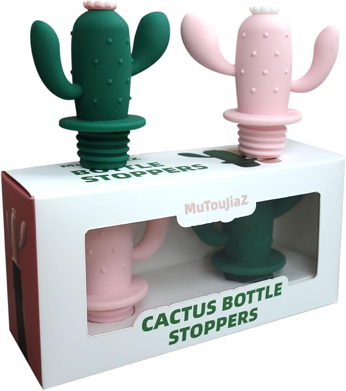 MuTouJiaZ Cactus Silicone Wine & Champagne Stoppers (Set of 2)